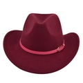 Close-up of burgundy felt cowboy hat with pink leather belt and gold metal buckle detail - M / Burgundy