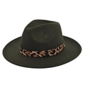 Detail of dark green wool fedora hat featuring leopard print belt and golden buckle - M (56-58cm) / Army Green