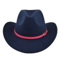 Close-up of navy wool felt fedora featuring a pink leather band with gold buckle - M / Navy Blue
