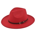 Detail of red fedora wool hat featuring a brown leather belt and gold buckle - M (56-58cm) / Red