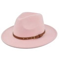 Λεπτομέρεια ροζ καπέλο fedora με καφέ δερμάτινη ζώνη και χρυσά διακοσμητικά πριτσίνια - M(56-58cm) / Ροζ