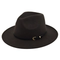 Detail view of charcoal wool fedora featuring a slim black leather belt and gold buckle - M (56-58cm) / Coffee