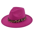 Detail of fuchsia fedora hat featuring a leopard print belt and golden buckle - M (56-58cm) / Rose Red