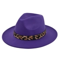 Detail view of purple wool fedora hat featuring a leopard print belt and gold metal stud - M (56-58cm) / Purple