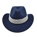 Detail of navy blue felt cowboy hat featuring a luxurious white pearl decorative band - M (56-58cm) / Navy Blue