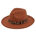 Close-up of caramel fedora hat featuring a leopard print band and gold metal rivet - M (56-58cm) / Rust red
