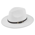 Close-up of white wool fedora hat featuring a black leather band and gold metal buckle - M (56-58cm) / White
