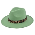 Close-up of mint green wool fedora hat featuring a leopard print belt and gold metal buckle - M (56-58cm) / Verdant