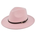 Detail view of the pale pink wool fedora hat featuring a brown leather decorative belt - M (56-58cm) / Pink