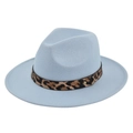 Detailed view of baby blue fedora hat with leopard print band and golden rivet accent - M (56-58cm) / Sky Blue