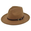 Detail of camel wool fedora hat featuring a brown leather band and gold metal buckle - M (56-58cm) / Dark Khaki