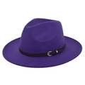 Close-up of vintage purple wool fedora with black leather belt and gold buckle - M (56-58cm) / Purple