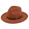 Detailed view of caramel wool fedora hat featuring a brown leather band and gold buckle - M (56-58cm) / Rust red