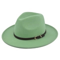 Detailed close-up of a mint green wool fedora with a brown leather belt and gold buckle - M (56-58cm) / Verdant