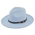 Close-up of light blue wool fedora hat featuring a black leather band and gold buckle - M (56-58cm) / Sky Blue