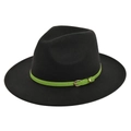 Detailed view of black wool fedora featuring a neon green leather band and gold buckle - M (56-58cm) / Black