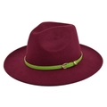 Detail of wine red wool fedora hat featuring a contrast green belt with golden buckle - M (56-58cm) / Burgundy