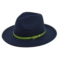 Detail of navy wool fedora with vibrant green leather band and metallic buckle buckle close-up - M (56-58cm) / Navy Blue