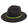 Detail of black fedora hat featuring a neon green leather band and gold buckle accent - M (56-58cm) / Coffee