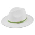 Close-up of white felt fedora hat featuring a green slim belt and gold buckle detail - M (56-58cm) / White