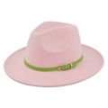 Detailed view of pink wool fedora hat featuring a green leather belt with gold metal buckle - M (56-58cm) / Pink