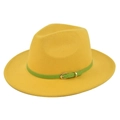 Classic mustard yellow wool fedora hat with a green leather strap and gold buckle detail - M (56-58cm) / Yellow