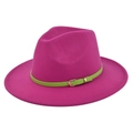 Close-up of rose red wool fedora hat with neon green belt and golden metal buckle detail - M (56-58cm) / Rose Red