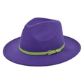 Detail of purple wool fedora hat with vibrant green leather band and gold buckle finish - M (56-58cm) / Purple