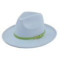 Classic light blue wool fedora hat with a green leather belt and gold buckle detail - M (56-58cm) / Sky Blue