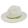 Detail of cream wool fedora hat featuring a green leather band and gold metal buckle - M (56-58cm) / Off White
