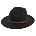 Detailed side view of black wool fedora hat with brown leather band and gold buckle - M(56-58cm) / Black