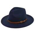 Detailed view of the dark blue wool felt fedora featuring a brown leather belt buckle - M(56-58cm) / Navy Blue