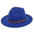 Detail of royal blue wool fedora hat featuring a brown leather band and metal buckle - M(56-58cm) / Blue