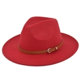 Detail of red wool felt fedora featuring a slim brown faux leather belt with metal buckle - M(56-58cm) / Red