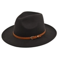 Detailed view of the brown synthetic leather strap and silver metal buckle on black fedora - M(56-58cm) / Coffee