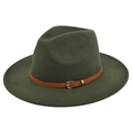 Close-up of dark green fedora hat with brown leather belt strap and gold metal buckle - M(56-58cm) / Army Green