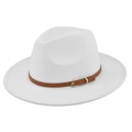 Detail of white wool fedora with brown faux leather belt and gold metal buckle - M(56-58cm) / White