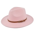 Detail of light pink wool fedora hat with a thin brown leather band and gold buckle - M(56-58cm) / Pink