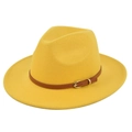 Detail of yellow wool fedora hat with a brown leather strap and gold buckle - M(56-58cm) / Yellow