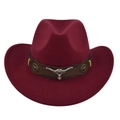 Detailed close-up of wine red cowboy hat featuring leather band and silver bull head emblem - M (56-58cm) / Burgundy