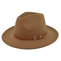 Detailed close-up of camel wool fedora hat featuring a brown leather band and gold buckle - M(56-58cm) / Dark Khaki