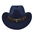 Detailed view of navy felt cowboy hat featuring silver bull head buckle and brown leather band - M (56-58cm) / Navy Blue