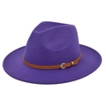 Detail view of purple wool fedora with brown faux leather belt and metal buckle strap - M(56-58cm) / Purple