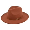 Classic rust red wide brim wool fedora hat with brown leather band and gold buckle - M(56-58cm) / Rust red