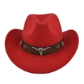 Detail of red cowboy hat featuring leather band and silver longhorn bull head emblem - M (56-58cm) / Red