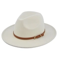 Close-up of cream wool fedora hat featuring a brown leather belt with gold buckle - M(56-58cm) / Off White