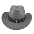 Detail of grey felt cowboy hat featuring silver bull head metal emblem and brown strap - M (56-58cm) / Gray