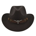 Detailed view of dark brown felt cowboy hat with leather band and silver bull head emblem - M (56-58cm) / Coffee
