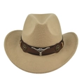 Detailed view of khaki felt cowboy hat with leather band and silver longhorn bull skull charm - M (56-58cm) / Khaki