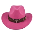 Detailed view of hot pink felt cowboy hat with silver bull head metal ornament - M (56-58cm) / Rose Red